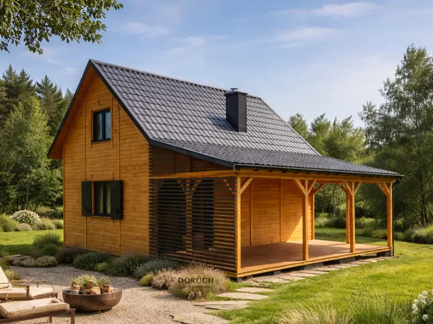 Domek drewniany całoroczny z tarasem i poddaszem