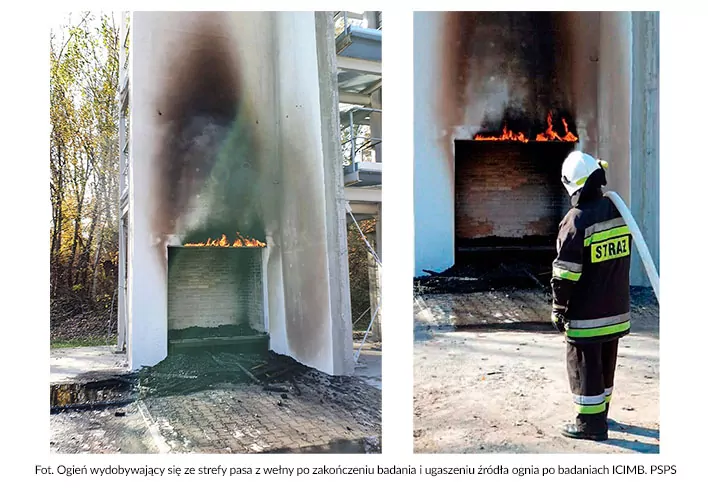 Fot. Ogień wydobywający się ze strefy pasa z wełny po zakończeniu badania i ugaszeniu źródła ognia po badaniach ICIMB. PSPS Fot. Ogień wydobywający się ze strefy pasa z wełny po zakończeniu badania i ugaszeniu źródła ognia po badaniach ICIMB. PSPS