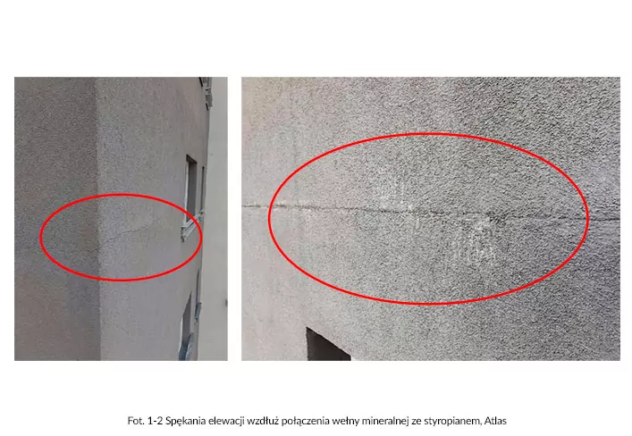 Fot. 1-2 Spękania elewacji wzdłuż połączenia wełny mineralnej ze styropianem, Atlas Fot. 1-2 Spękania elewacji wzdłuż połączenia wełny mineralnej ze styropianem, Atlas