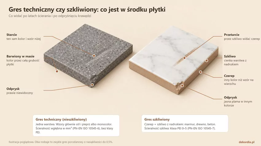 Gres techniczny i gres szkliwiony w 3D: przy starciu i odprysku techniczny zachowuje kolor, a szkliwiony odsłania czerep