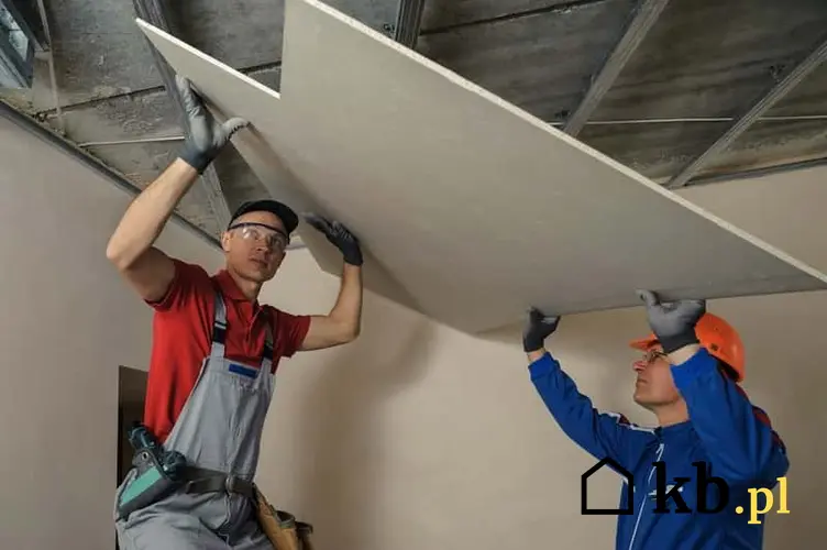 Montaż sufitu podwieszanego z płyt karton-gipsowych przez dwóch robotników, a także jak wykonać sufit podwieszany