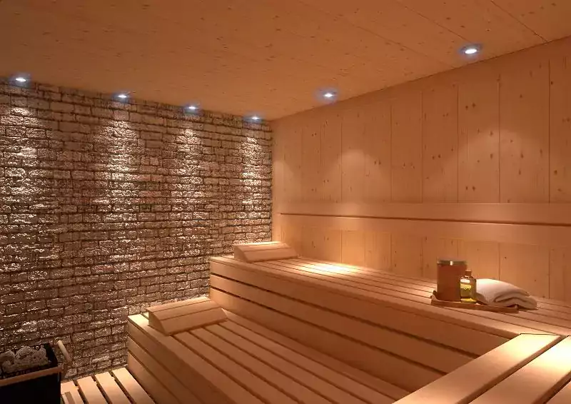 Sucha sauna wewnątrz pomieszczenia.