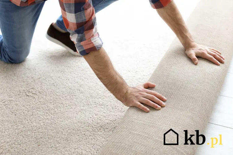 Układanie wykładziny dywanowej przez mężczyznę oraz montaż, czyli kładzenie wykładziny dywanowej krok po kroku