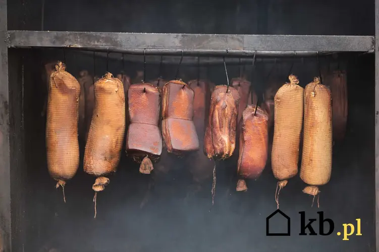 Szynki i mięsa w wędzarni ogrodowej przygotowane domowym sposobem wiszące na ruszcie nad paleniskiem w oparach dymu
