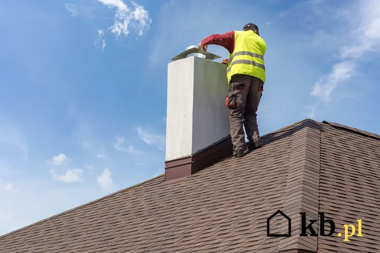 Mężczyzna wykonujący prace przy kominie na dachu, a także ocieplenie komina i izolacja komina