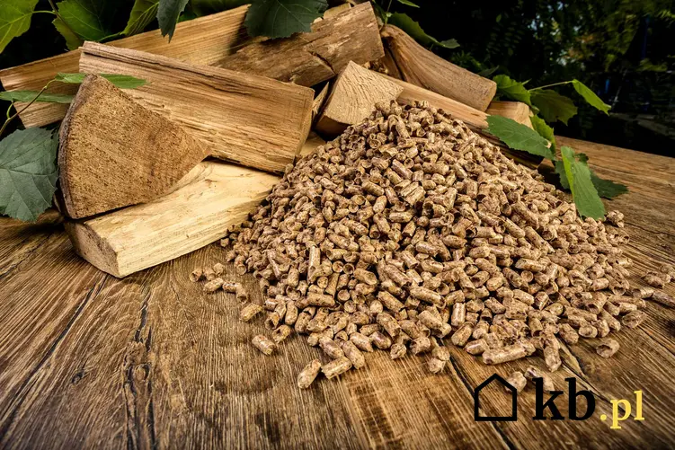 Pellet wysypany przy kawałkach drewna, a także produkcja pelletu krok po kroku, czyli sposoby, ceny oraz ogrzewanie pelletem