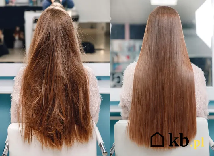 Jeden obrazek pokazuje kobietę z włosami zniszczonymi i zaplątami, na drugim obrazku kobieta ma idealnie proste i gładkie włosy, czy cena keratynowania zależy od długości włosów