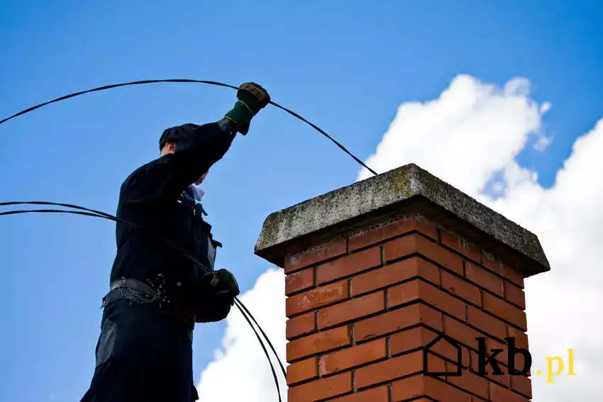 Kominiarz czyszczący komin na dachu