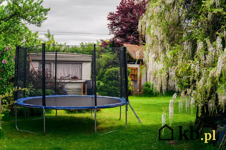 Duża trampolina w zielonym ogrodzie, a także instrukcja krok po kroku, jak złożyć trampolinę