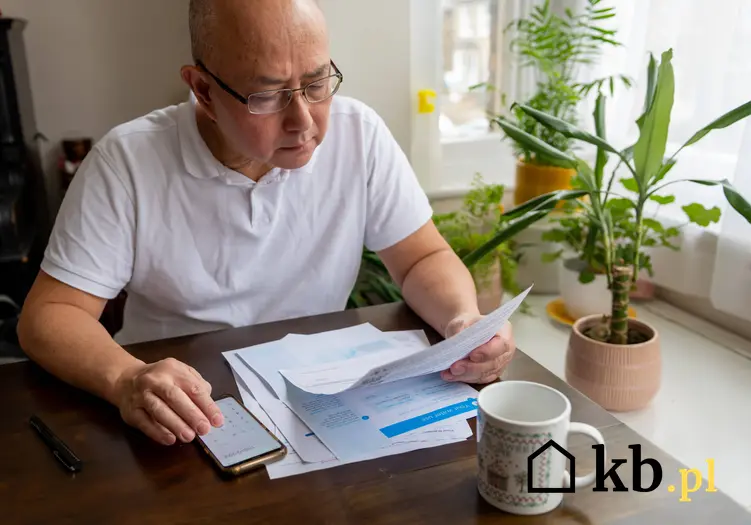 Mężczyzna w okularach przy stole czytający rachunek, a także informacje, jak czytać rachunek za prąd
