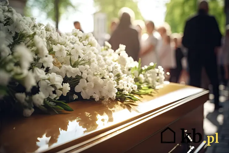 Trumna z kwiatami, a w tle żałobnicy oraz urlop okolicznościowy na pogrzeb krok po kroku