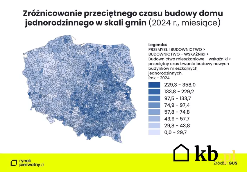 Przeciętny czas budowy domu jednorodzinnego w skali gmin (2024) Średni czas budowy domu