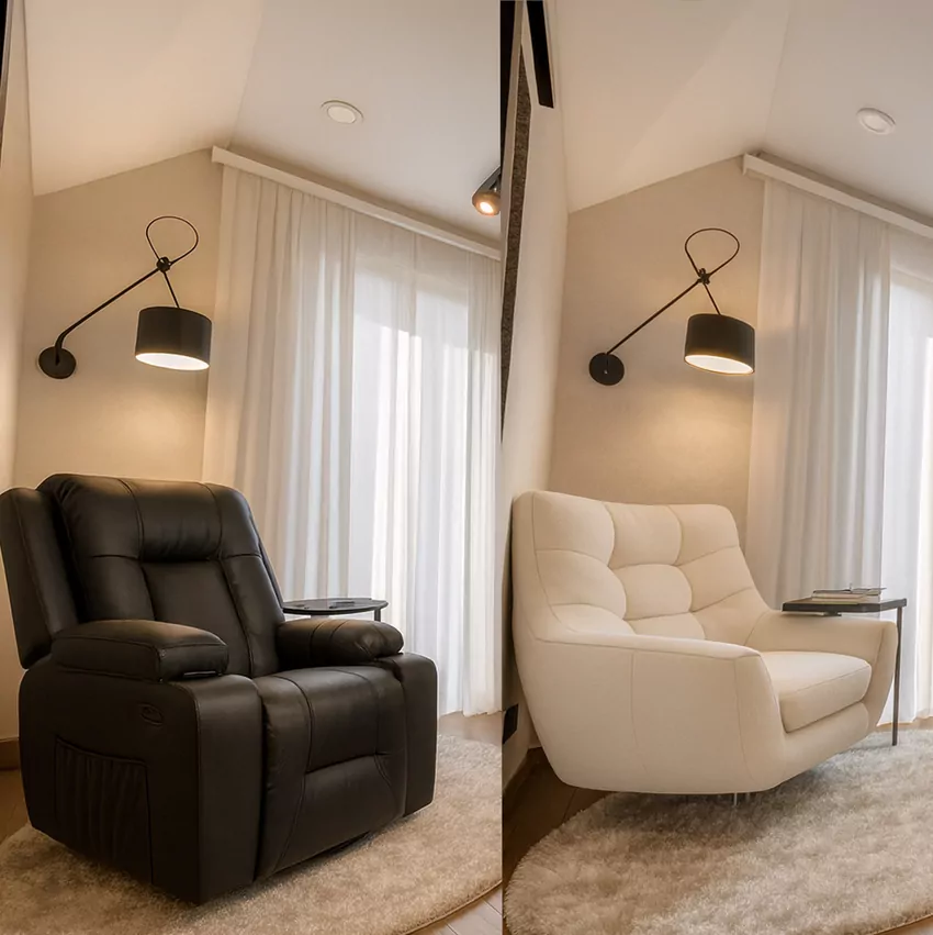 Przykład funkcji wymiany obiektu w MiRAGE Render - ten sam fotel w dwóch różnych wariantach obicia Przykład funkcji wymiany obiektu w MiRAGE Render - ten sam fotel w dwóch różnych wariantach obicia