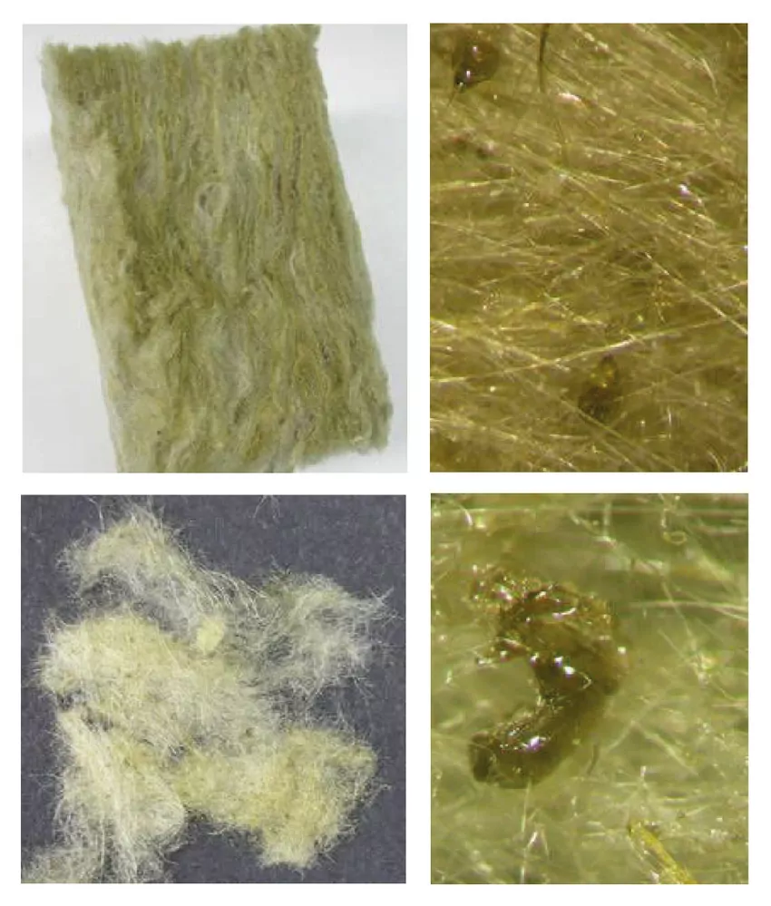 IMP: Zdjęcia wełny mineralnej skalnej pod mikroskopem optycznym (maksymalne powiększenie 80x)