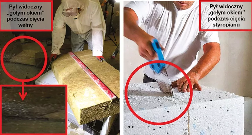 PSPS: Porównanie emisyjności pyłu podczas docinania (zdjęcia – widoczny pył okiem nieuzbrojonym podczas docinania, po lewej stronie z wełny, po prawej ze styropianu)