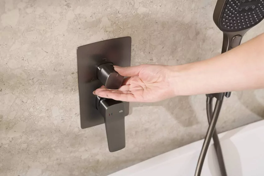 Zestaw go z betonem architektonicznym dla surowego efektu Gun metal w łazience