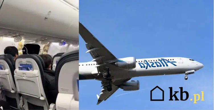 Samolot Alaska Airlines wzbija sie do lotu. Obok ujęcie z kabiny pasażerskiej.