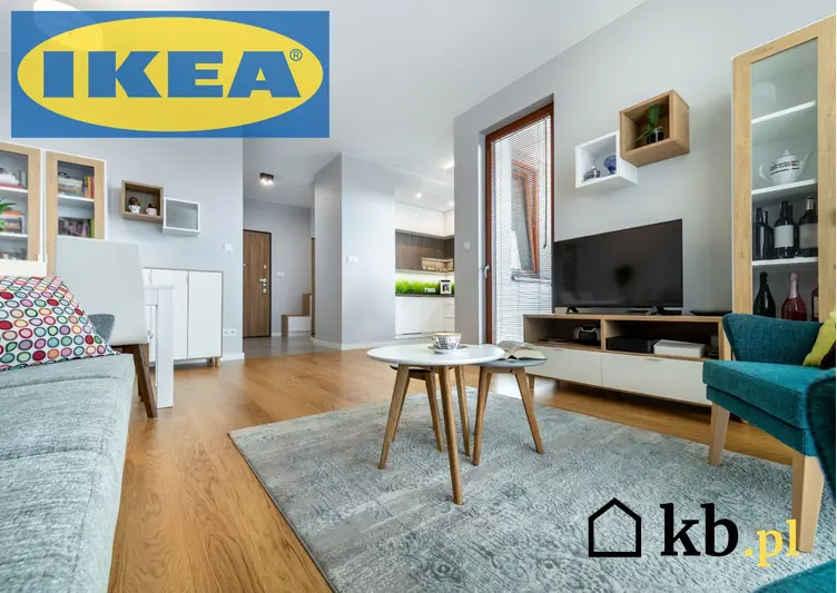 Wnętrze przytulnego salonu oraz logo IKEA, a także 6 dodatków do salonu do 50 zł