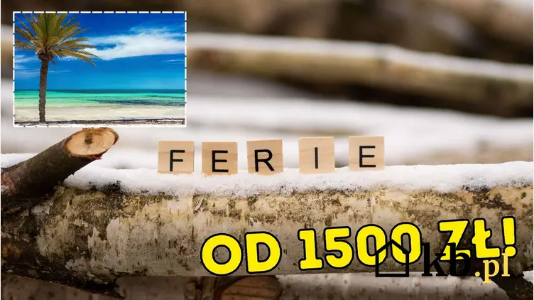 Napis "ferie" ułożony z drewnianych klocków. W ;ewym górnym rogu plaża na wyspie Djerba