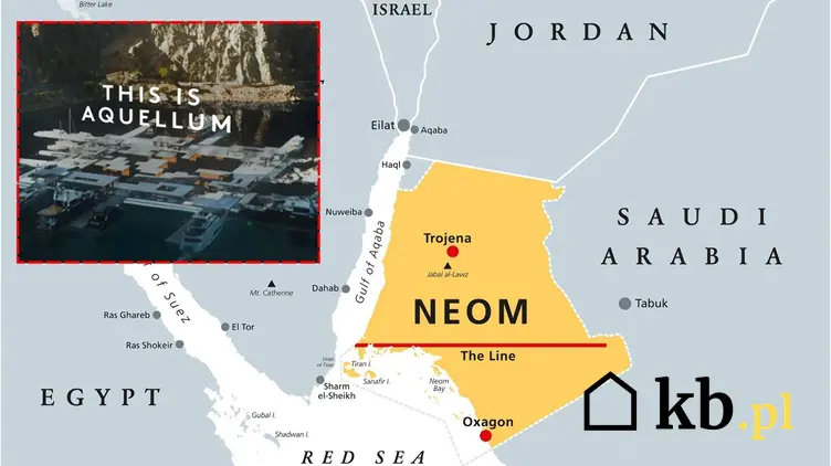 Mapa miasta przyszłości NEOM w Arabii Saudyjskiej. W lewym górnym rogu wizja nowego projektu, Aquellum