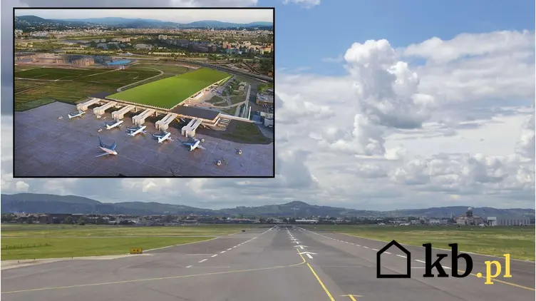 Widok pasa startowego na lotnisku FLR oraz projekt budowy winnicy na dachu terminala