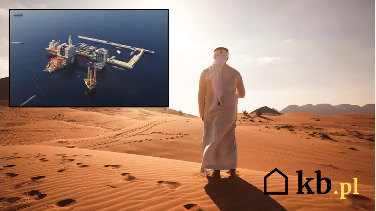 Mężczyzna na pustyni w Arabii Saudyjskiej oraz projekt nowego parku w kształcie platformy wiertniczej