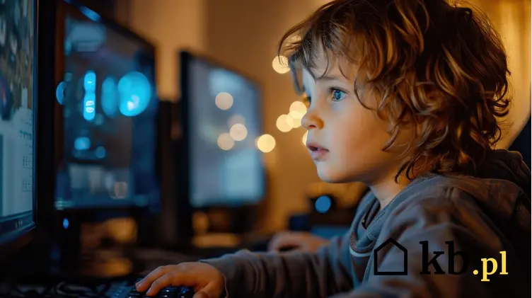 Dziecko siedzi w ciemnym pokoju i spogląda w monitor komputera