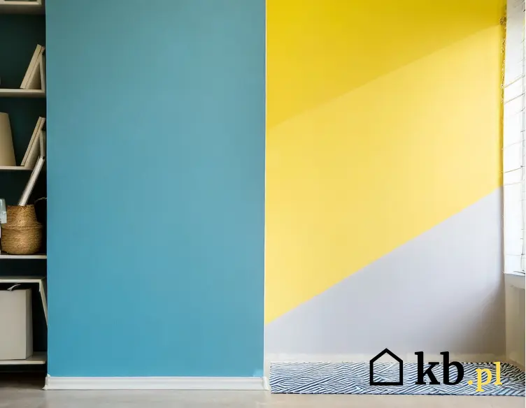 niebiesko-żółto-szara ściana, podczas malowania należy używać specjalnej taśmy