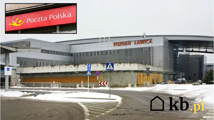 Widok lotniska w Poznaniu i logo Poczty Polskiej