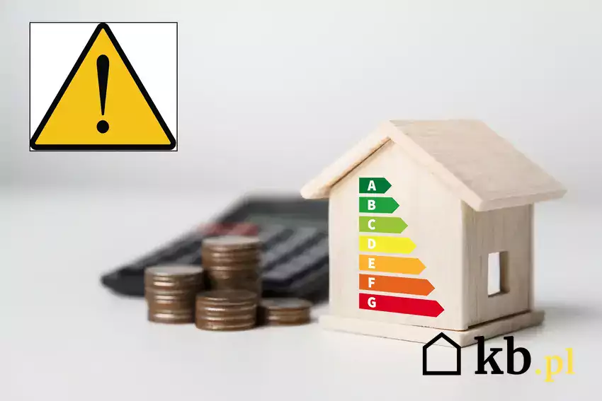 Dom z klasą charakterystyki energetycznej i znak ostrzegawczy.