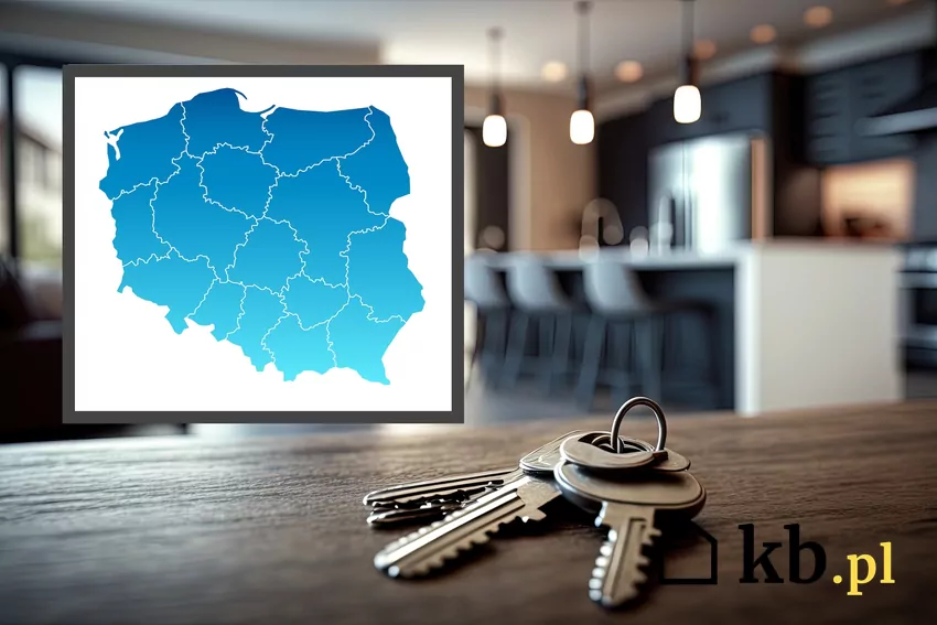 mapa Polski, w tle wnętrze mieszkania oraz klucze leżące na blacie, Aktualnie najwyższe ceny najmu mieszkania obowiązują w Warszawie