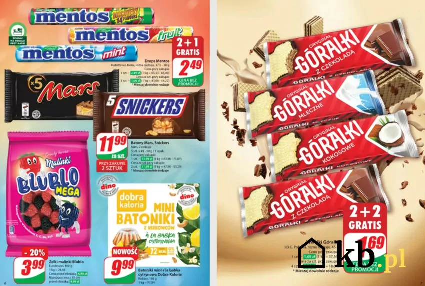 Dino kusi rabatami na słodycze, np. promocją na wafelki Góralki "2+2" Dino - gazetka