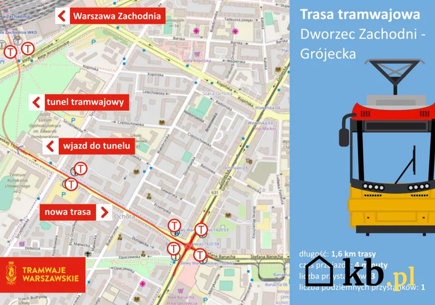 Trasa tramwajowa z Dworca Zachodniego do ul. Grójeckiej Mapa z trasą tramwajową z Dworca Zachodniego do ul. Grójeckiej