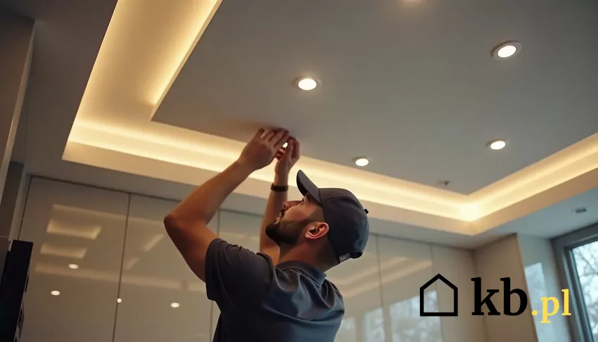 Brak grzejników to większa swoboda aranżacji wnętrz i nowoczesny wygląd pomieszczeń mężczyzna trzyma dłonie przy suficie
