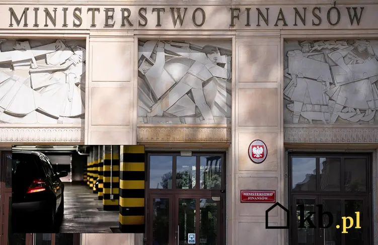 Na zdjęciu wejście do Ministerstwa Finansów (co rozpoznać można na napisie nad drzwiami). W lewym dolnym roku zdjęcie samochodu w garażu podziemnym.