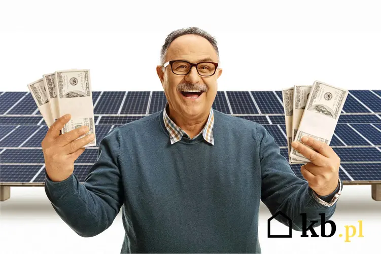 Mężczyzna trzymający pieniądze z oszczędności na fotowoltaice, powody, dla których warto wybrać OZE