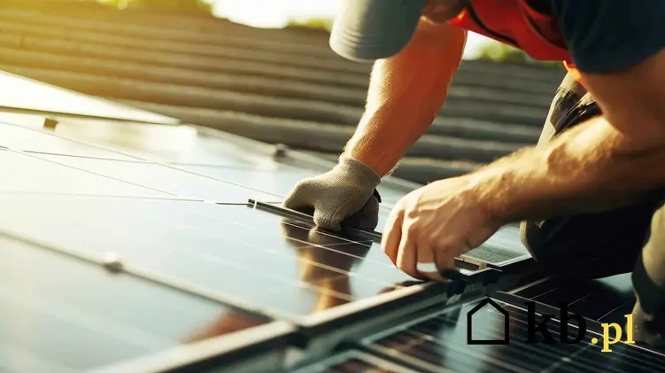 Mężczyzna montujący panele fotowoltaiczne na dachu, korzyści wynikające z posiadania fotowoltaiki
