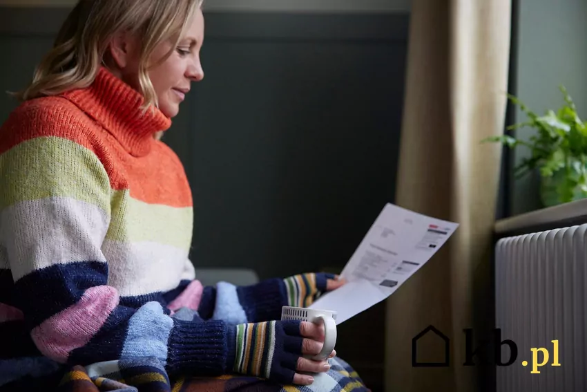By zaoszczędzić nie korzystają z czajnika ani piekarnika, a w domu utrzymują temperaturę zaledwie 18°C Kobieta ciepło ubrana przy kaloryferze z rachunkami