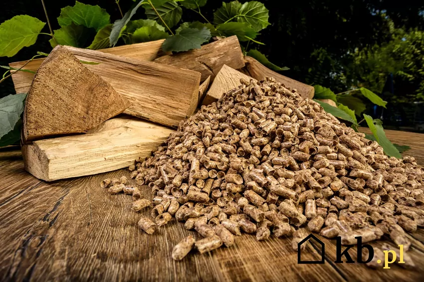 Rozsypany pellet drzewny w tle pień drzewa
