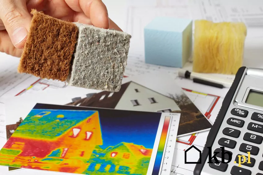 Fragemnty różnych materiałów izolacyjnych i wynik pomiaru termowizyjnego domu