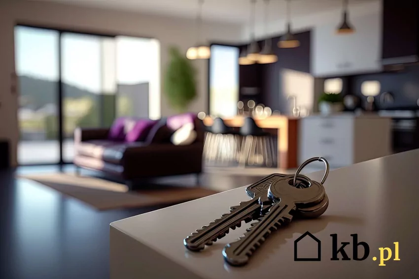Klucze do mieszkania leżą na komodzie, w tle widać nowoczesny salon