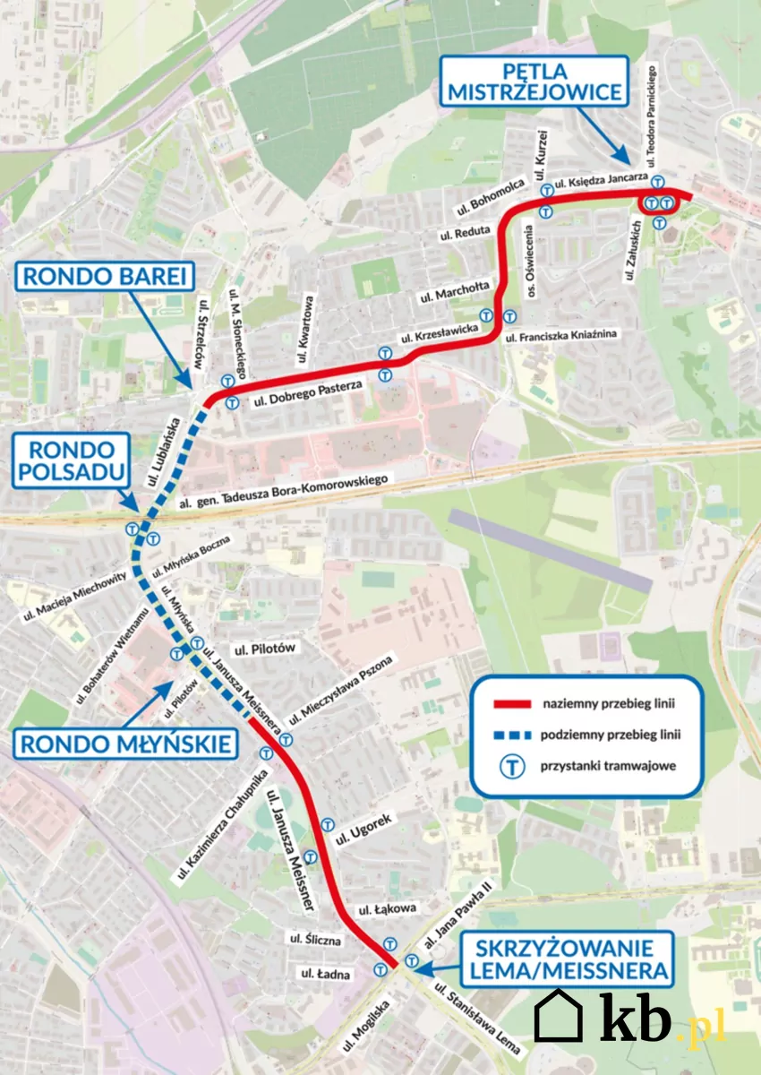 Planowany przebieg trasy nowej linii tramwajowej do Mistrzejowic