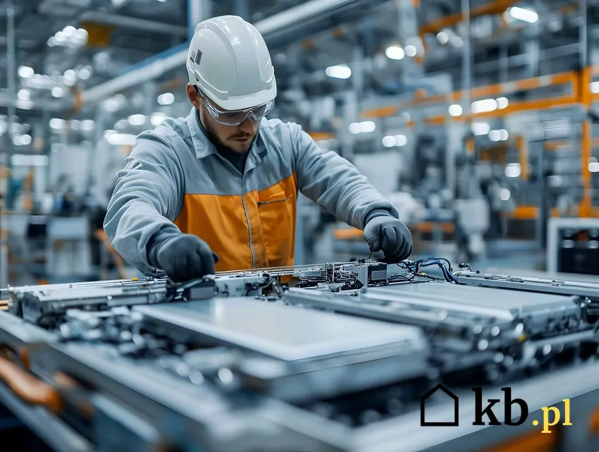 Mężczyzna w kasku produkujący baterie na hali produkcyjnej