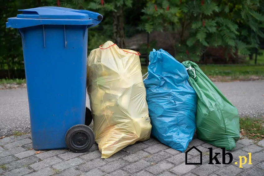 Kosz na odpady i kolorowe worki z posegregowanymi odpadami