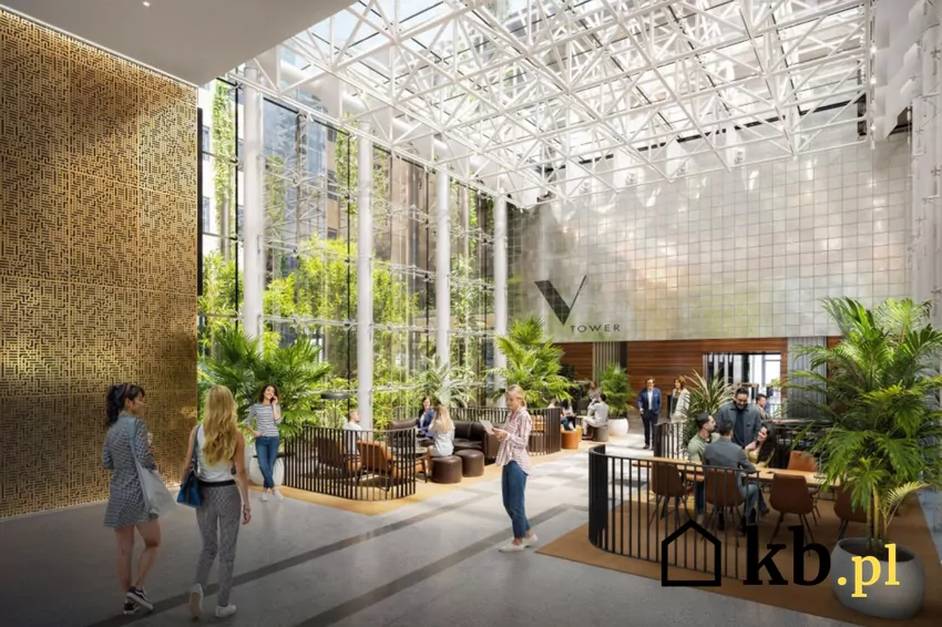 Projekt został stworzony z poszanowaniem istniejącej architektury, użytych materiałów i stylu Art Deco przy jednoczesnym zastosowaniu najnowszych technologii Wizualizacja holu w V Tower