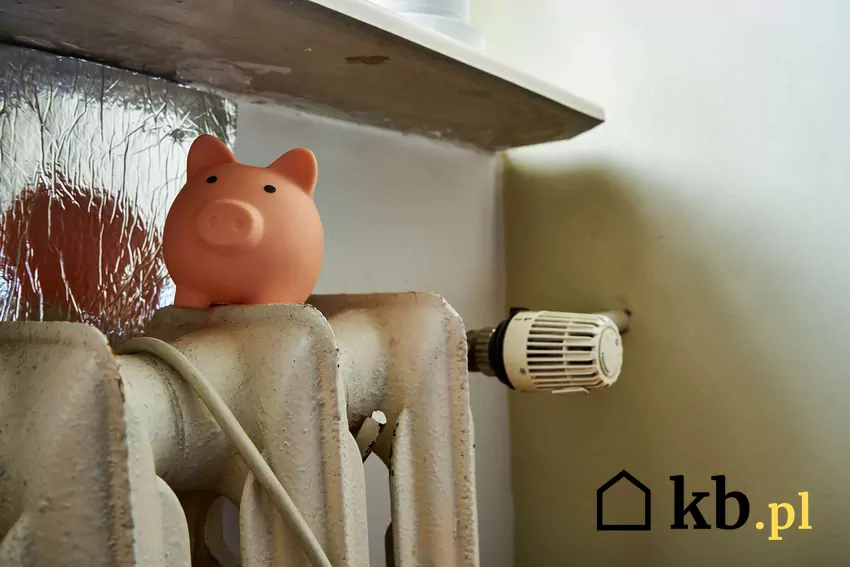 Świnka skarbonka stoi na grzejniku pod parapetem