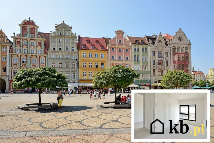 Kolorowe kamienice na wrocławskim Starym Mieście, wnętrze mieszkanie w stanie deweloperskim, nieruchomości zlokalizowane w centrum Wrocławia kosztują więcej niż warszawskie lokale