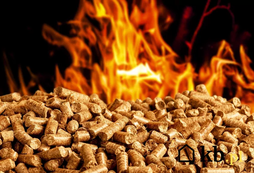 Pellet drzewny na tle rozpalonego ognia