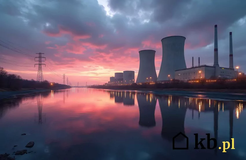 Duża elektrownia atomowa na tle zbiornika wodnego