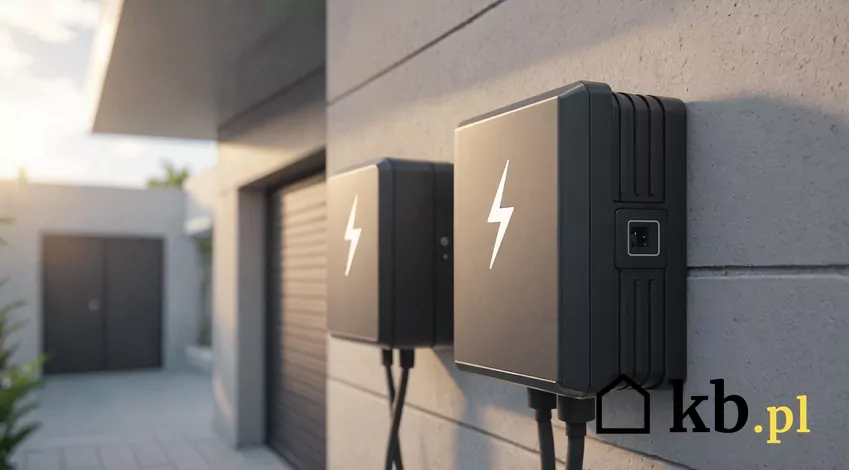 czarny magazyn energii na ścianie domu